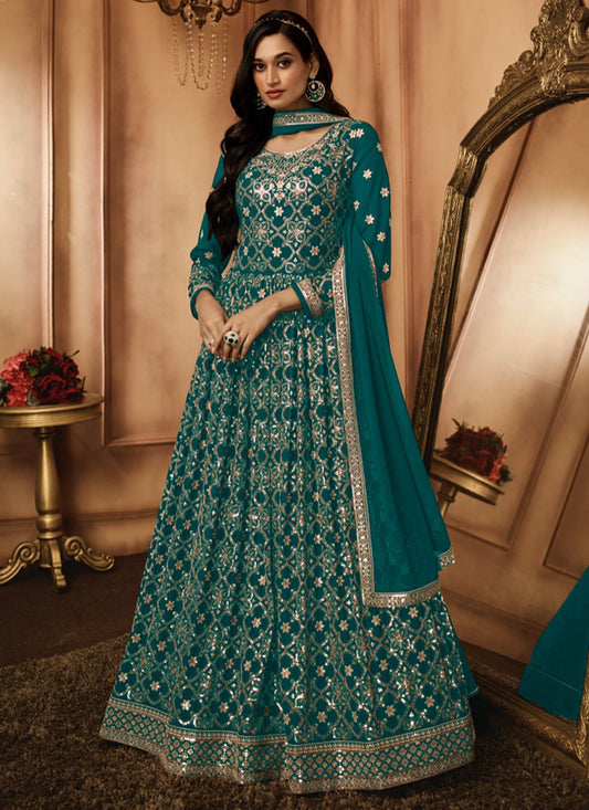 Green Georgette Embroidery Work Party Wear Readymade Anarkali Suit SW893282