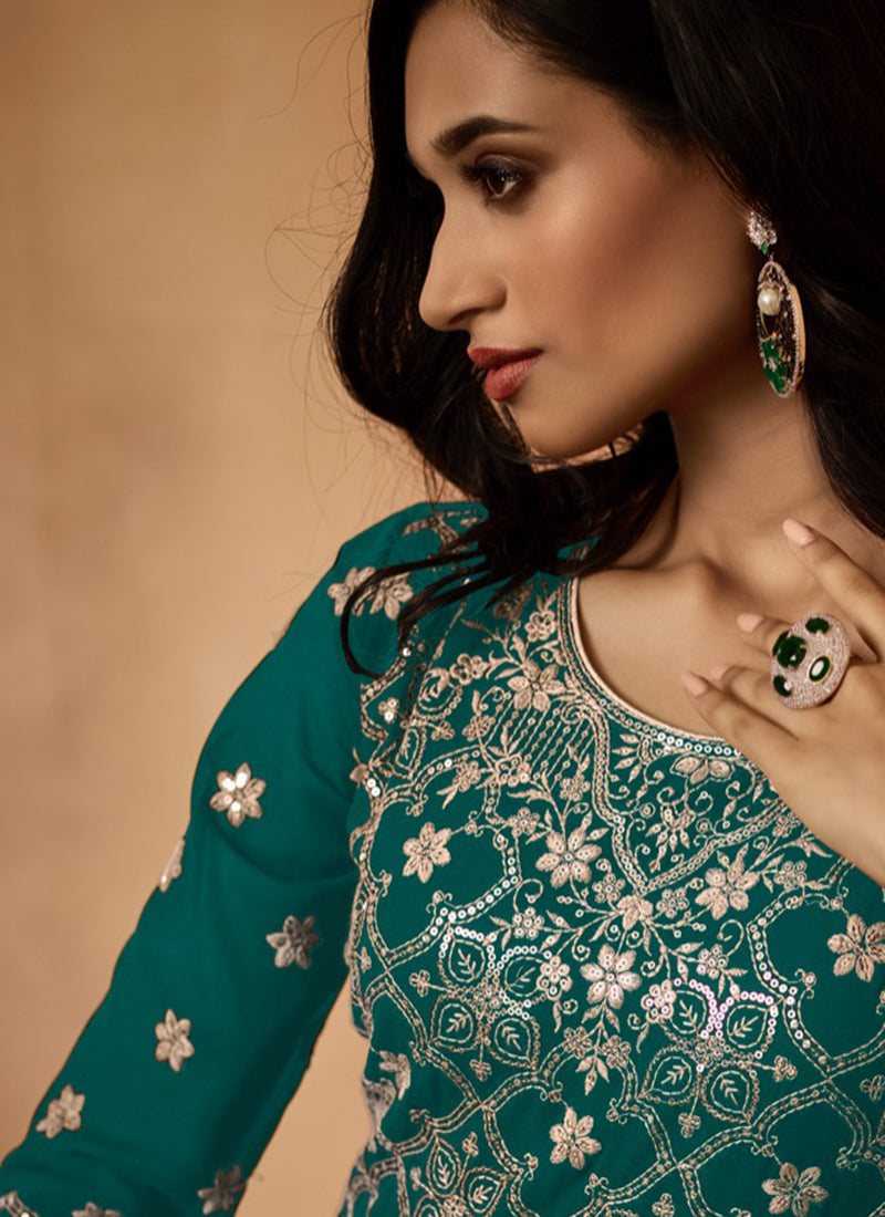 Green Georgette Embroidery Work Party Wear Readymade Anarkali Suit SW893282