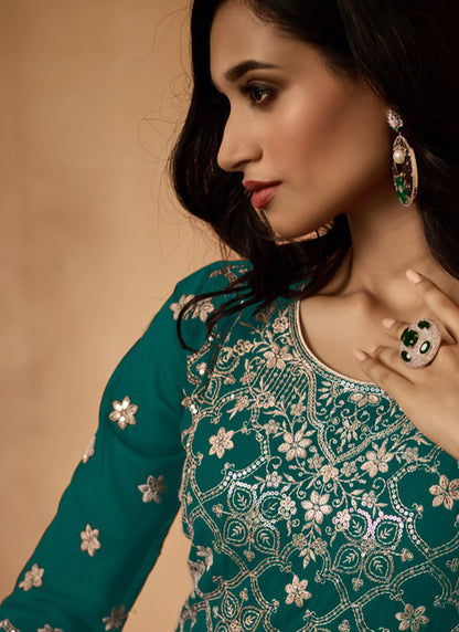 Green Georgette Embroidery Work Party Wear Readymade Anarkali Suit SW893282