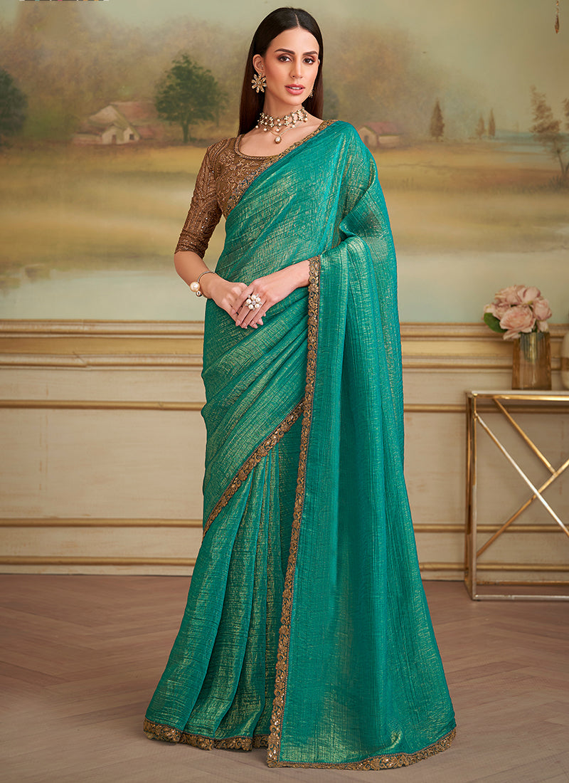 Georgette Green Party Wear Embroidery Work Saree 386398