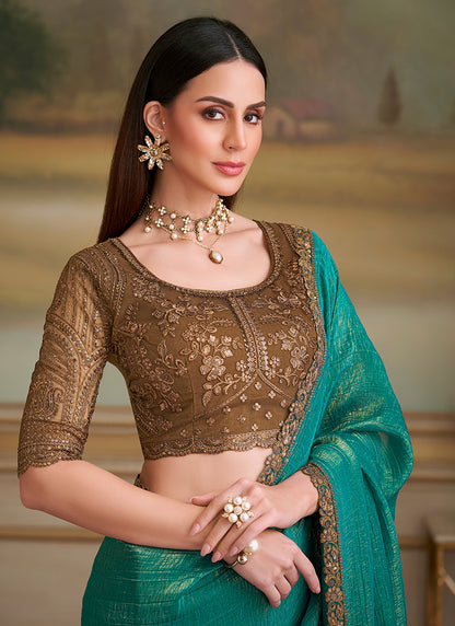 Georgette Green Party Wear Embroidery Work Saree 386398
