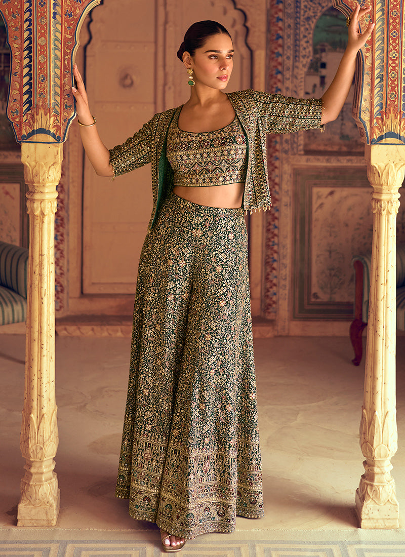 Georgette Green Party Wear Embroidery Work Readymade Ethnic Plazzo Suit 385065