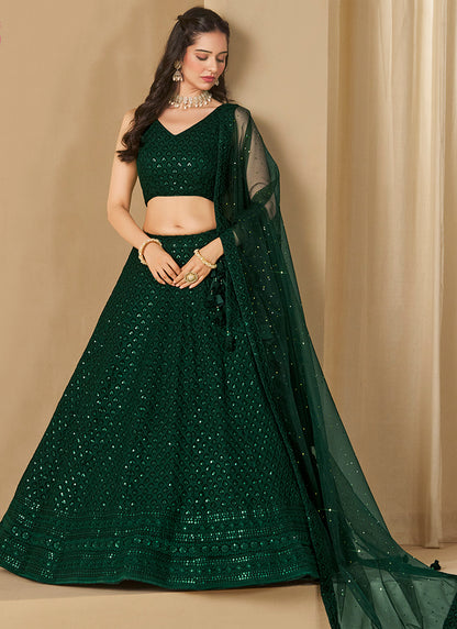Georgette Green Wedding Wear Thread Embroidery Work Lehenga Choli 385592
