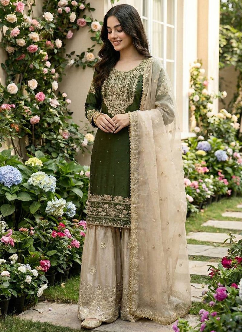 Green Jimmy Choo Silk Zari Work Festival Wear Readymade Sharara Suit SW260800