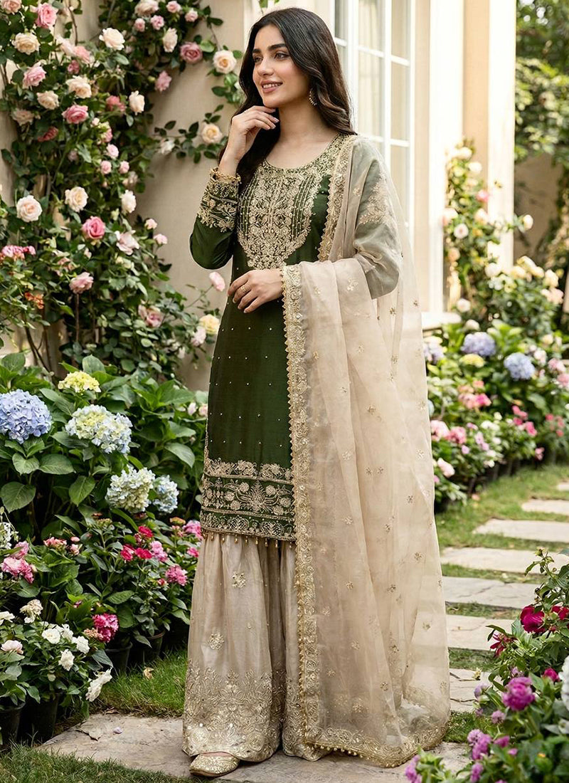 Green Jimmy Choo Silk Zari Work Festival Wear Readymade Sharara Suit SW260800
