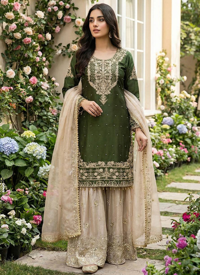 Green Jimmy Choo Silk Zari Work Festival Wear Readymade Sharara Suit SW260800