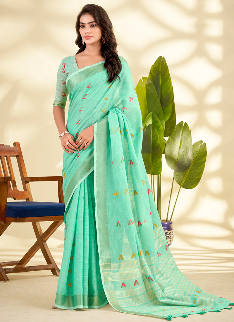 Linen Silk Green Saree with Zari Work for Daily Wear 381651