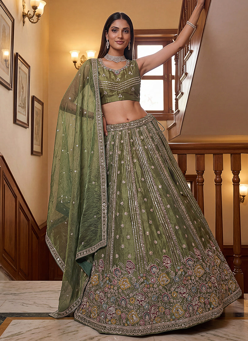 Green Organza Sequins Work  Occasional Wear Lehenga Choli SW130384