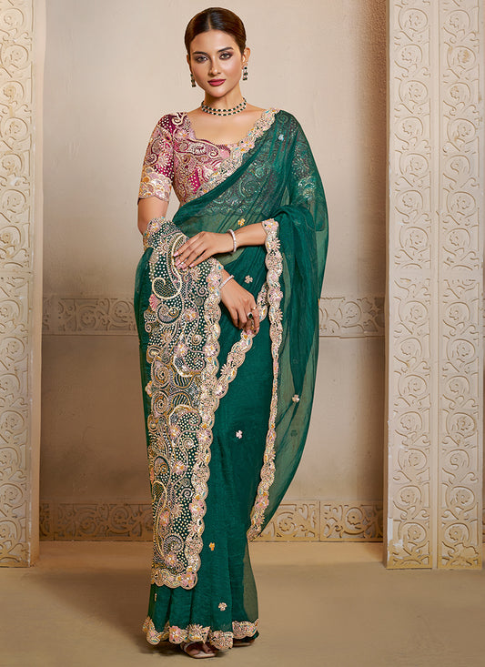 Organza Green Wedding Wear Embroidery Work Saree 386111