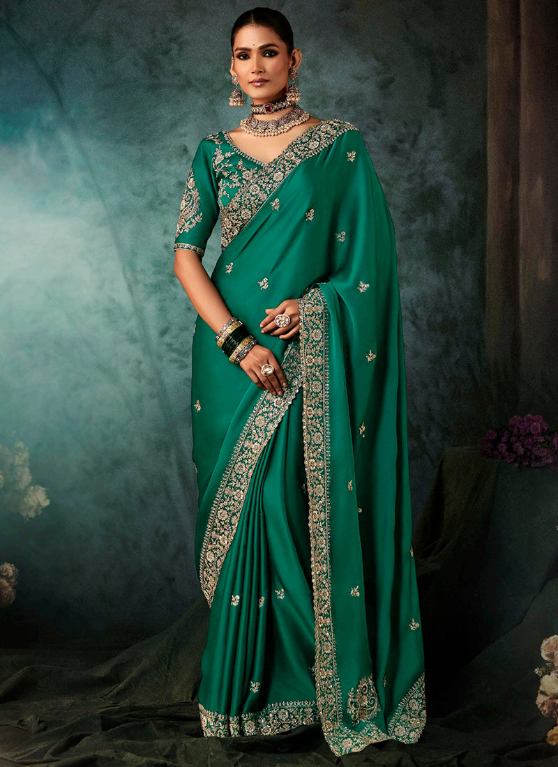 Pure Fancy Green Bridal Wear Heavy Work Bridal Saree 387351