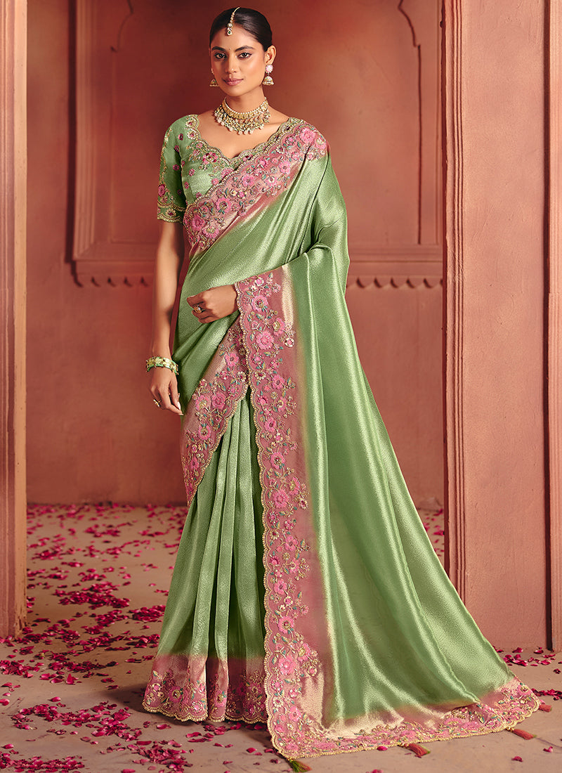 Green Pure Smooth Zari Silk Embroidery Work Wedding Wear Saree SW852383