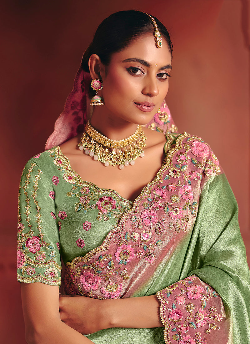Green Pure Smooth Zari Silk Embroidery Work Wedding Wear Saree SW852383