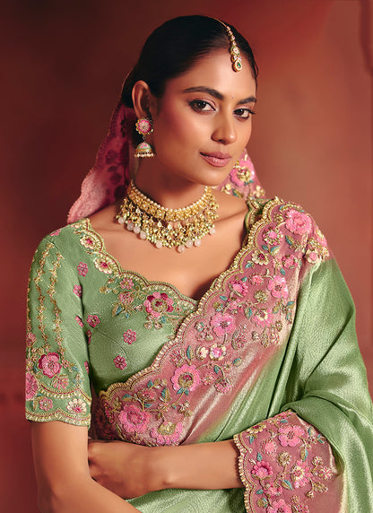 Green Pure Smooth Zari Silk Embroidery Work Wedding Wear Saree SW852383