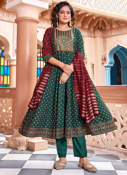 Rayon Green Casual Wear Sequin Work Readymade Anarkali Suit 382160