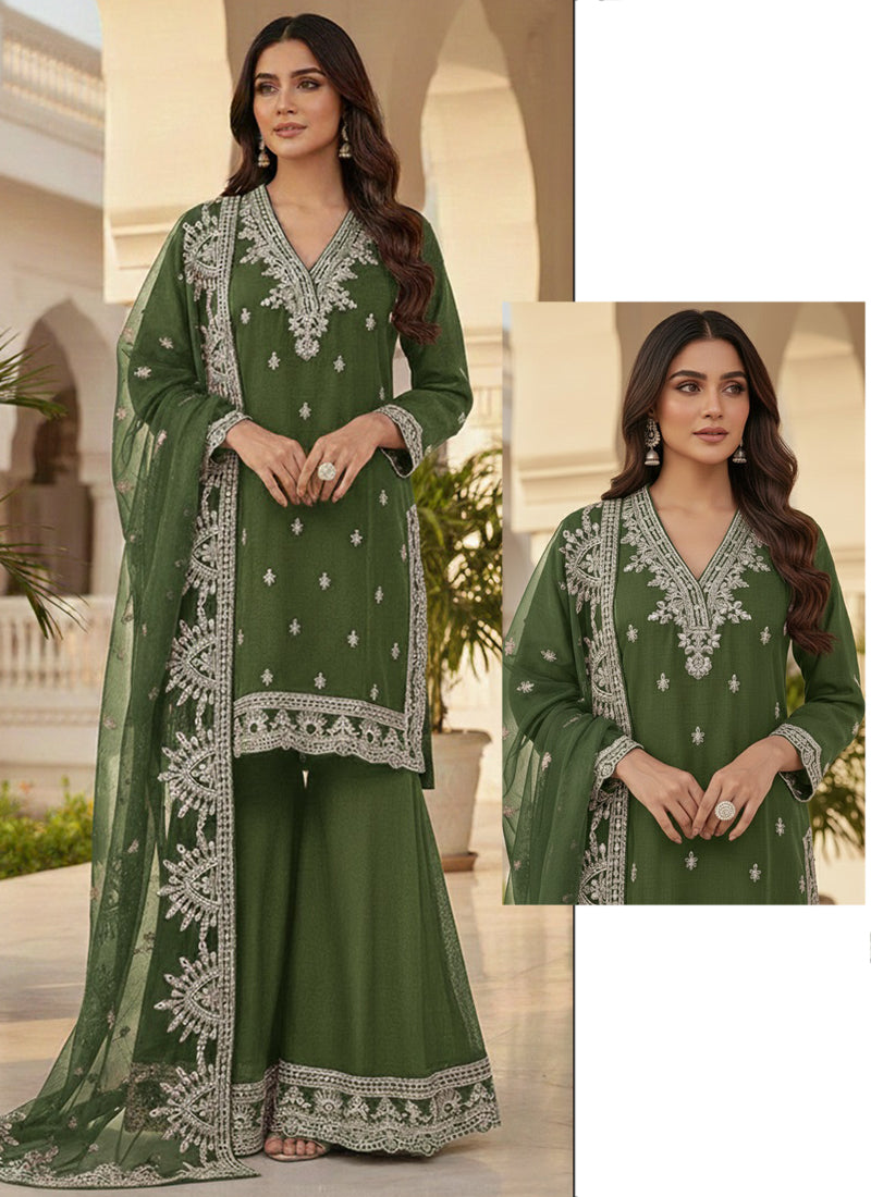 Real Chinon Green Eid Wear Zari Work Readymade Pakistani Suit 388111
