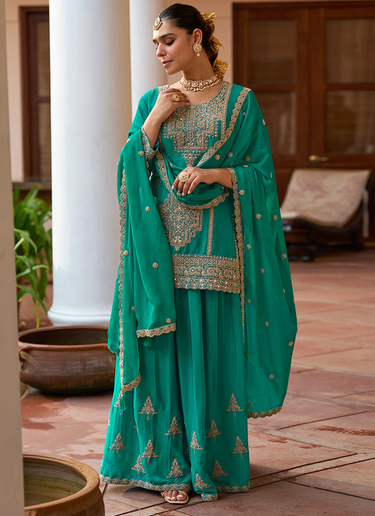 Real Chinon Green Party Wear Embroidery Work Readymade Plazzo Suit 386676