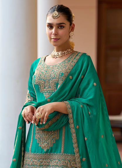 Real Chinon Green Party Wear Embroidery Work Readymade Plazzo Suit 386676