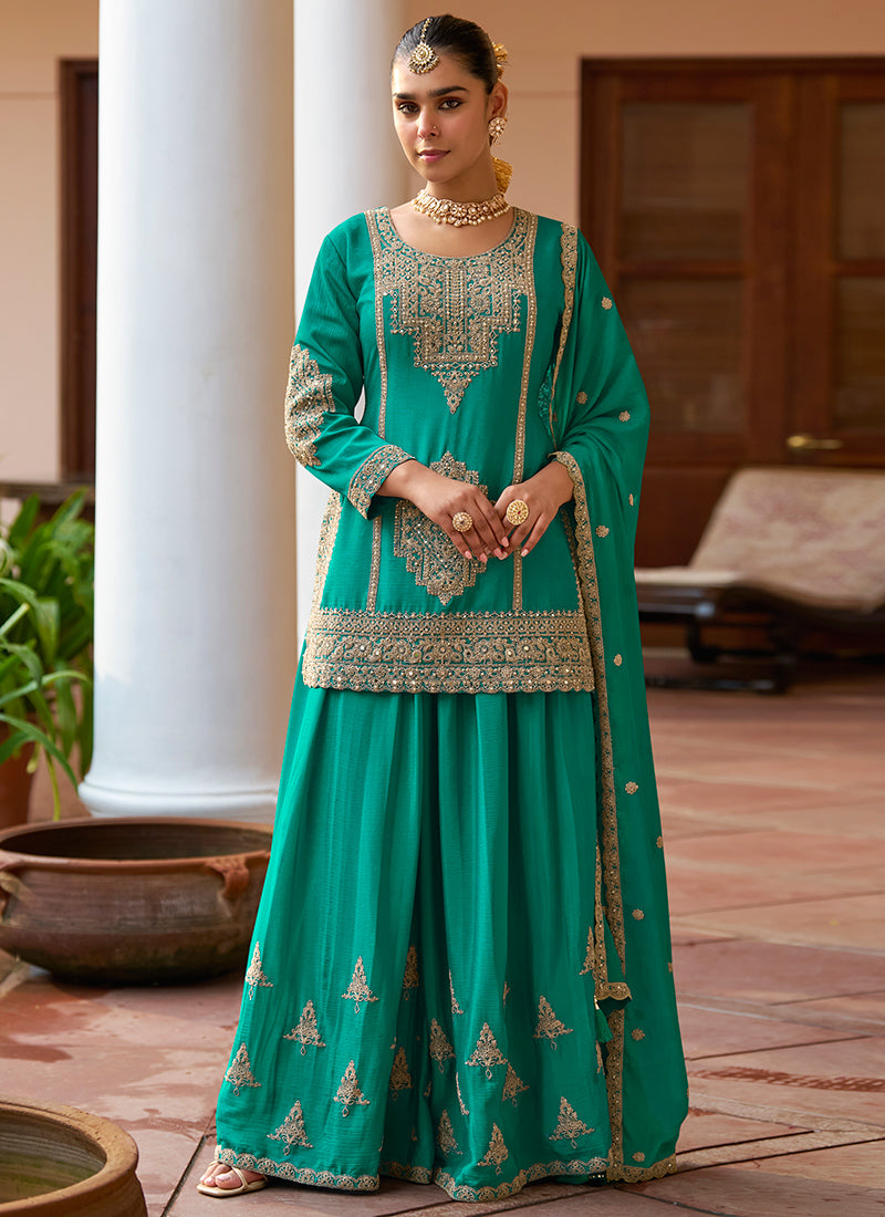 Real Chinon Green Party Wear Embroidery Work Readymade Plazzo Suit 386676