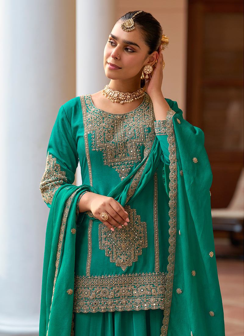 Real Chinon Green Party Wear Embroidery Work Readymade Plazzo Suit 386676