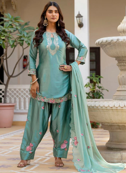 Green Satin Silk Embroidery Work Occasional Wear Readymade Salwar Suit SW796258