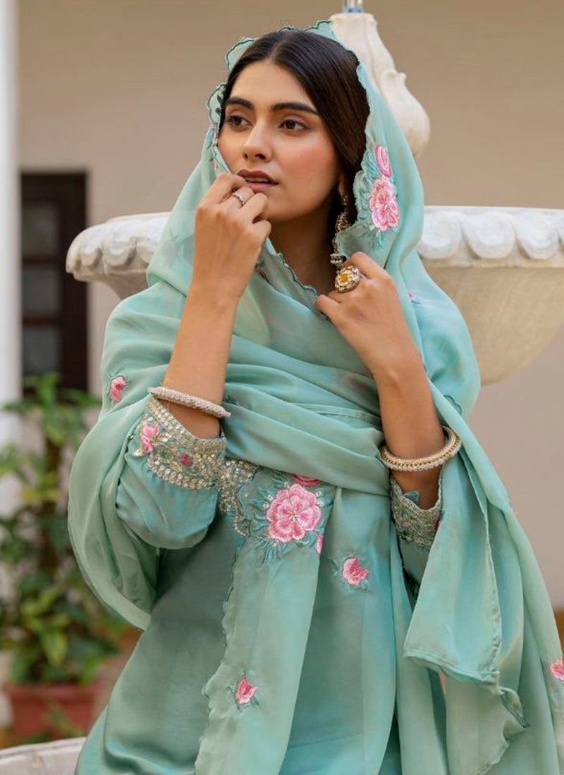 Green Satin Silk Embroidery Work Occasional Wear Readymade Salwar Suit SW796258