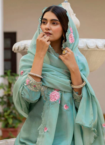 Green Satin Silk Embroidery Work Occasional Wear Readymade Salwar Suit SW796258