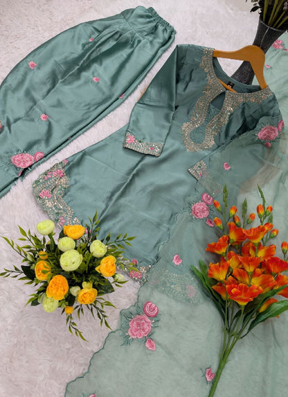 Green Satin Silk Embroidery Work Occasional Wear Readymade Salwar Suit SW796258