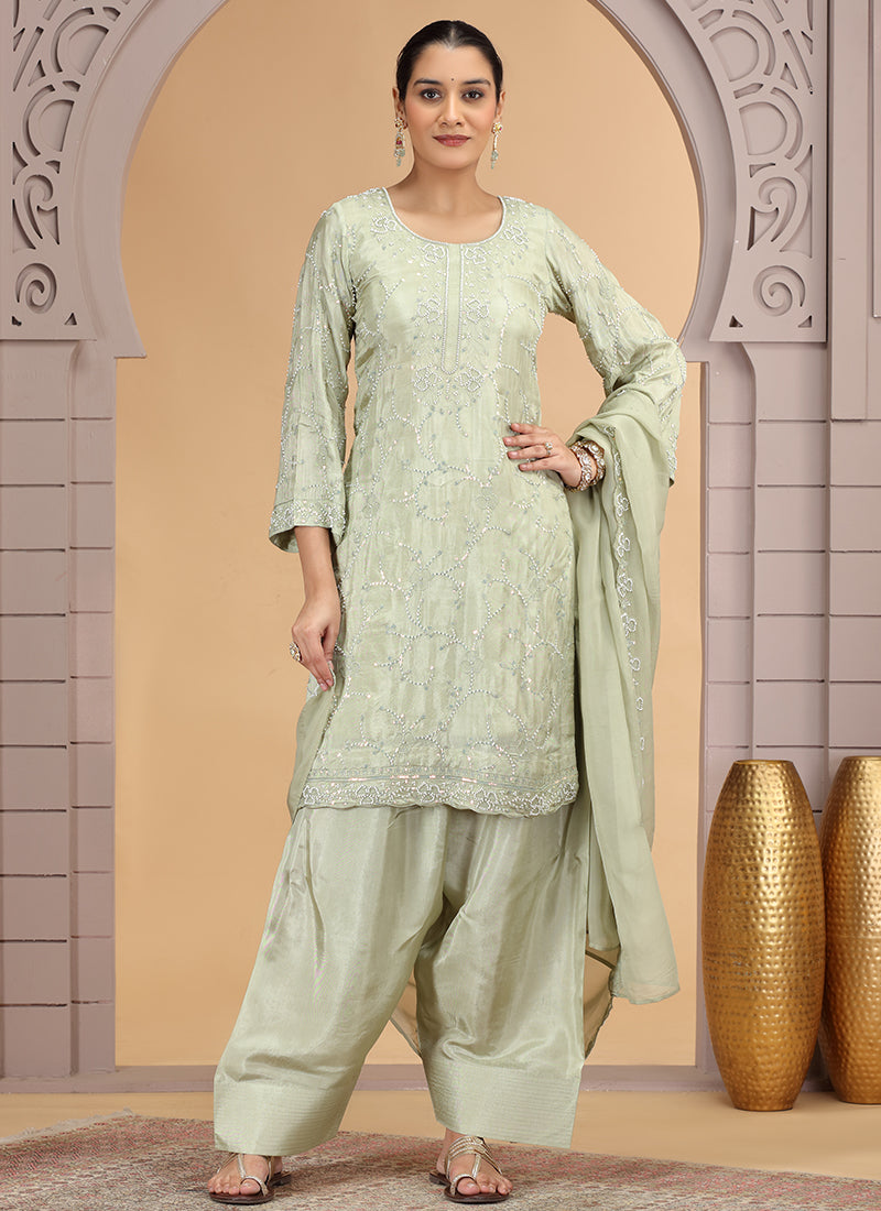 Satin Silk Green Party Wear Pattern Pc Work Readymade Salwar Suit 386170