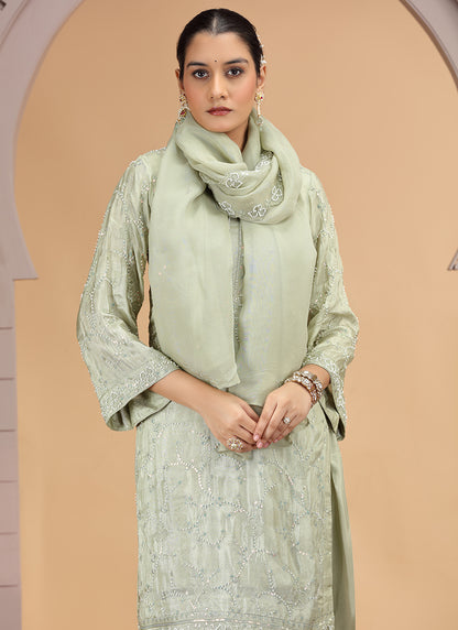 Satin Silk Green Party Wear Pattern Pc Work Readymade Salwar Suit 386170