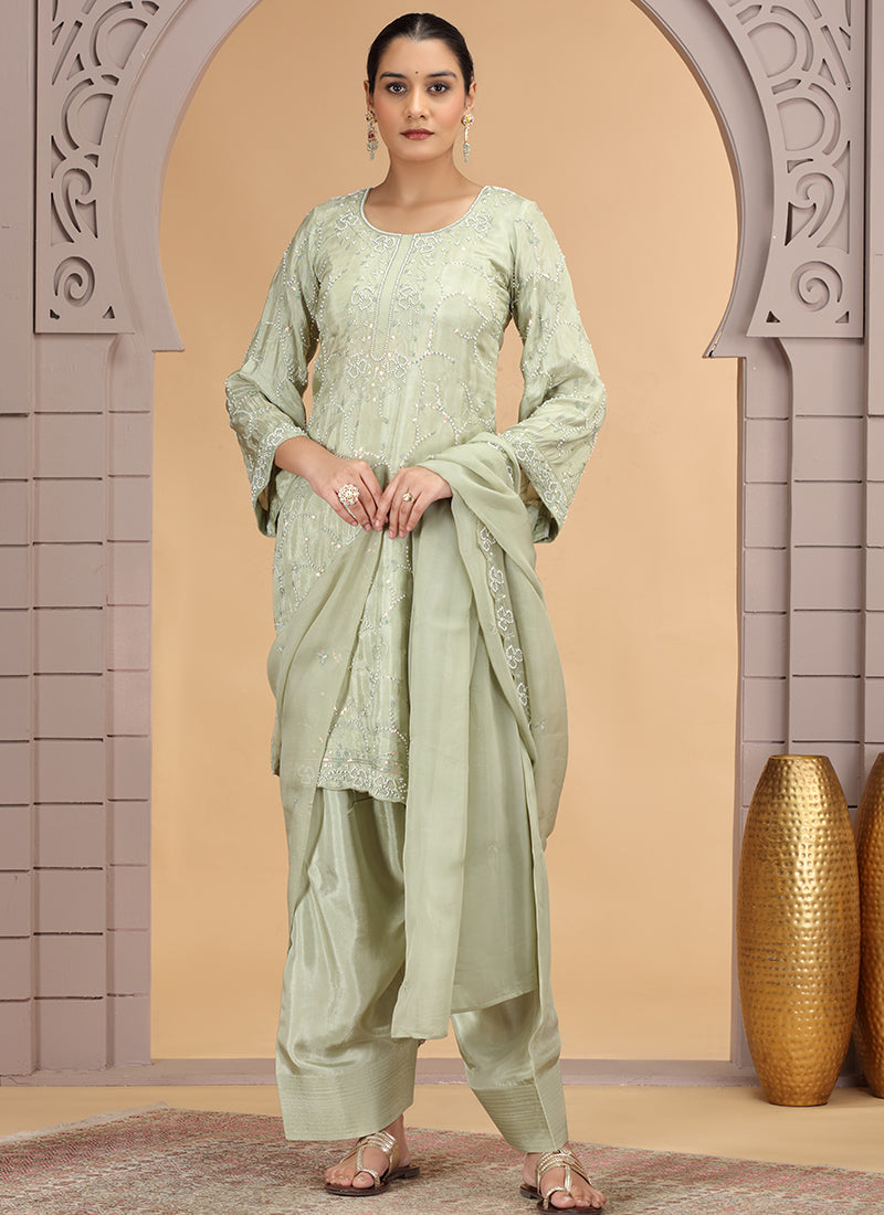 Satin Silk Green Party Wear Pattern Pc Work Readymade Salwar Suit 386170