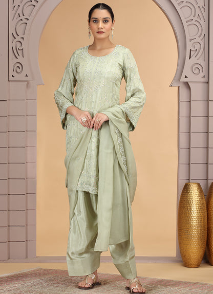 Satin Silk Green Party Wear Pattern Pc Work Readymade Salwar Suit 386170
