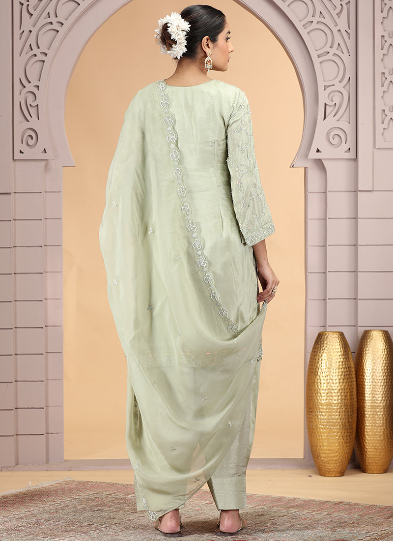Satin Silk Green Party Wear Pattern Pc Work Readymade Salwar Suit 386170