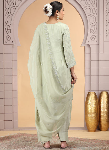 Satin Silk Green Party Wear Pattern Pc Work Readymade Salwar Suit 386170