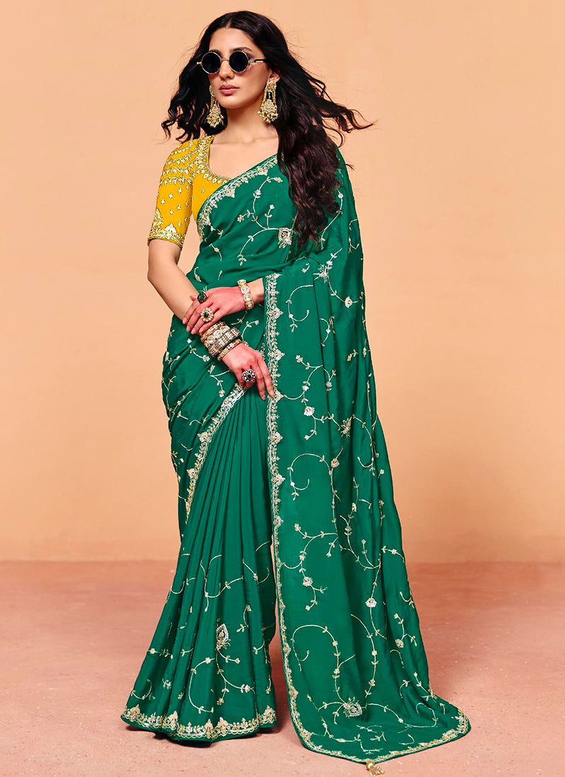 Green Satin Silk Sequins Work  Party Wear Saree SW124841