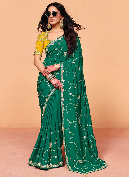 Green Satin Silk Sequins Work  Party Wear Saree SW124841