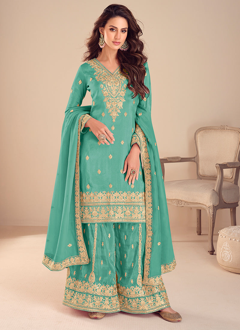 Green Shimmer Silk Sequins Work  Occasional Wear Readymade Plazzo Suit SW480484