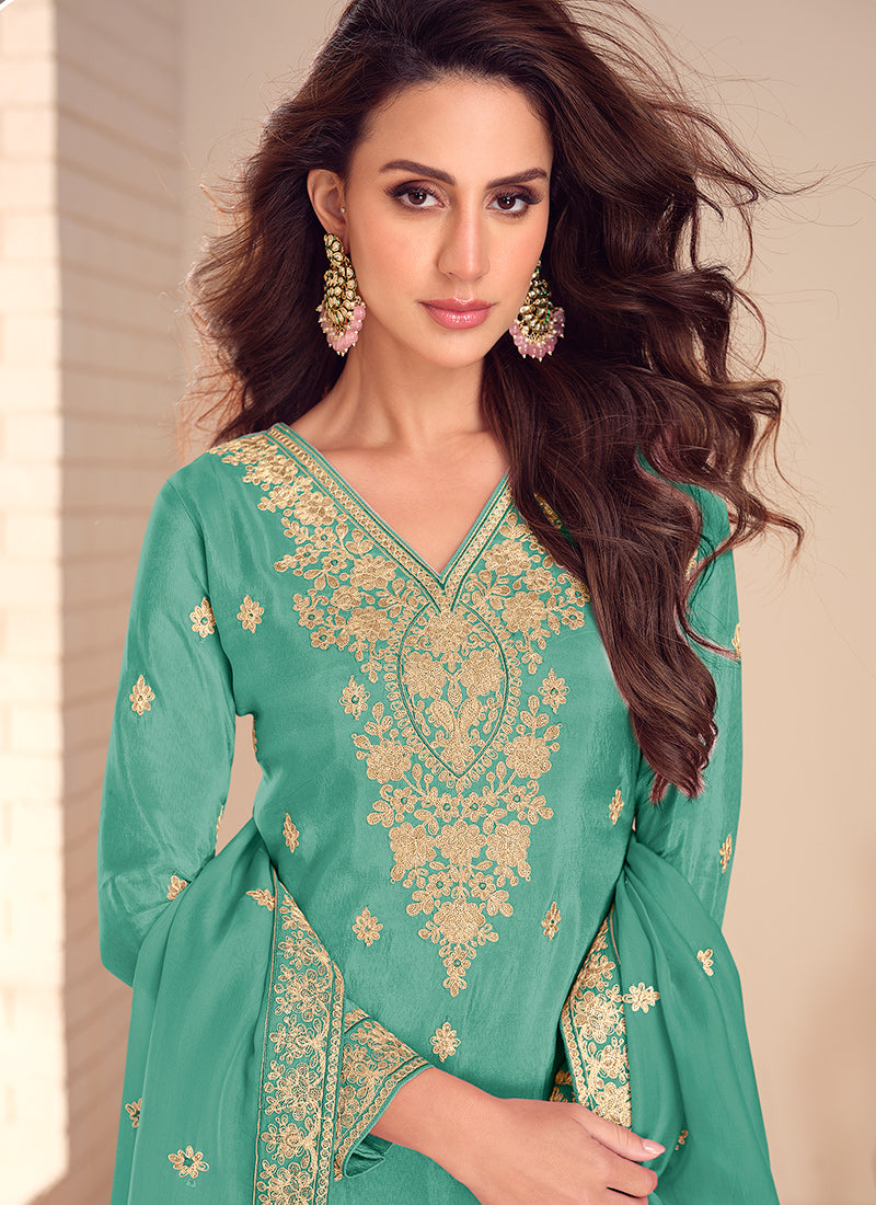 Green Shimmer Silk Sequins Work  Occasional Wear Readymade Plazzo Suit SW480484