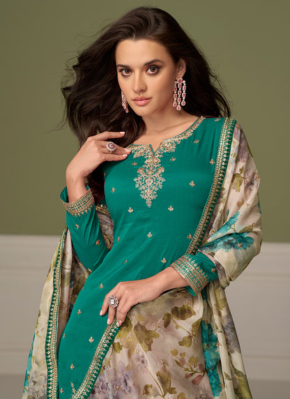 Shimmer Silk Green Wedding Wear Zari Workl Readymade Palazzo Suit 384990