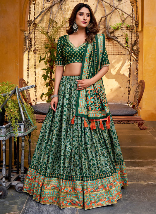 Green Silk Printed Work Festival Wear Lehenga Choli SW754084