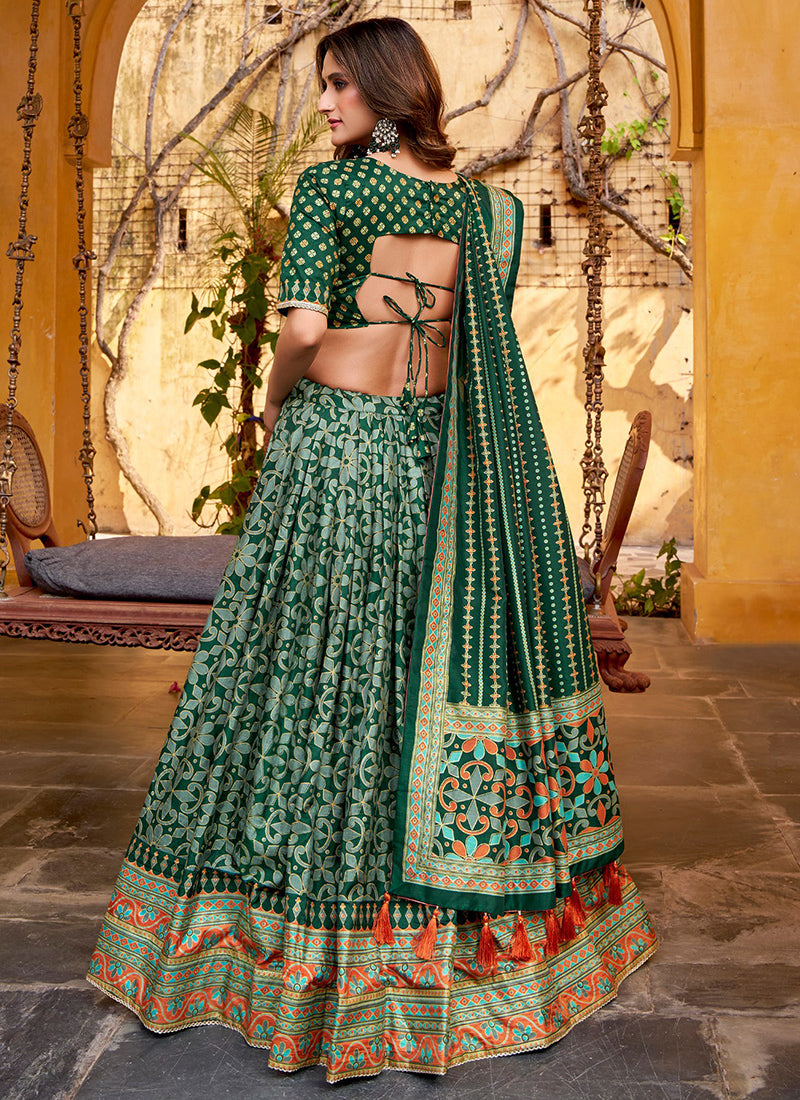 Green Silk Printed Work Festival Wear Lehenga Choli SW754084