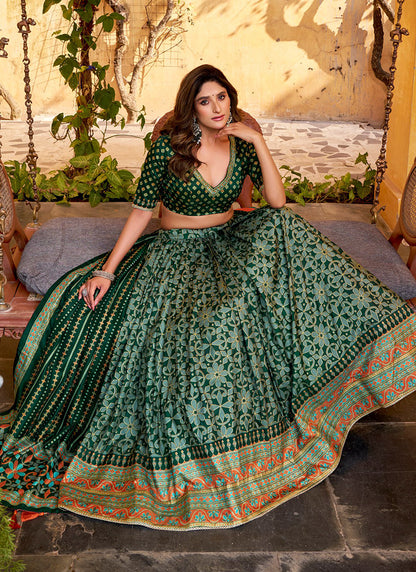 Green Silk Printed Work Festival Wear Lehenga Choli SW754084