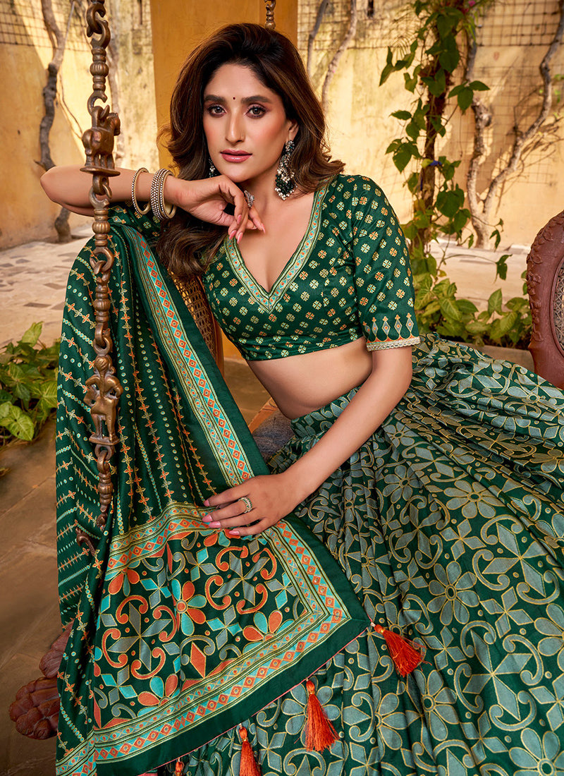 Green Silk Printed Work Festival Wear Lehenga Choli SW754084