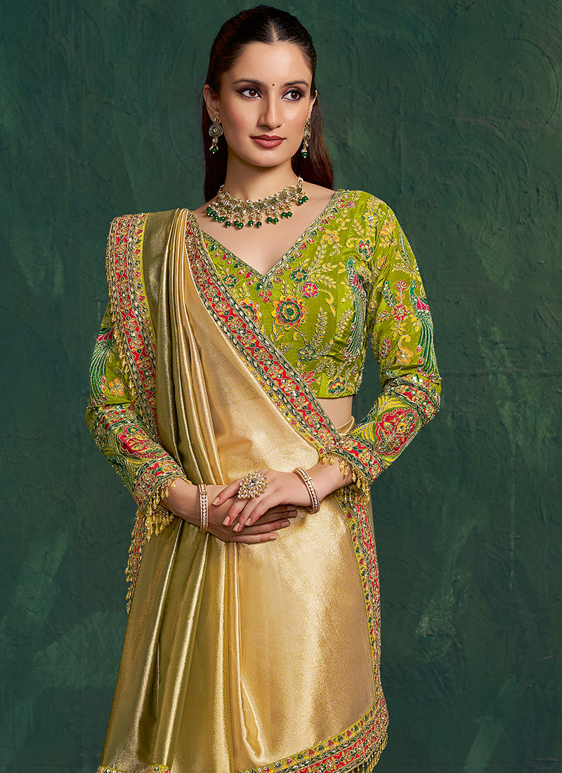 Green Silk Beads Work Wedding Wear Saree SW260297