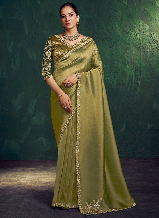 Green Silk Diamond Work Wedding Wear Saree SW810965