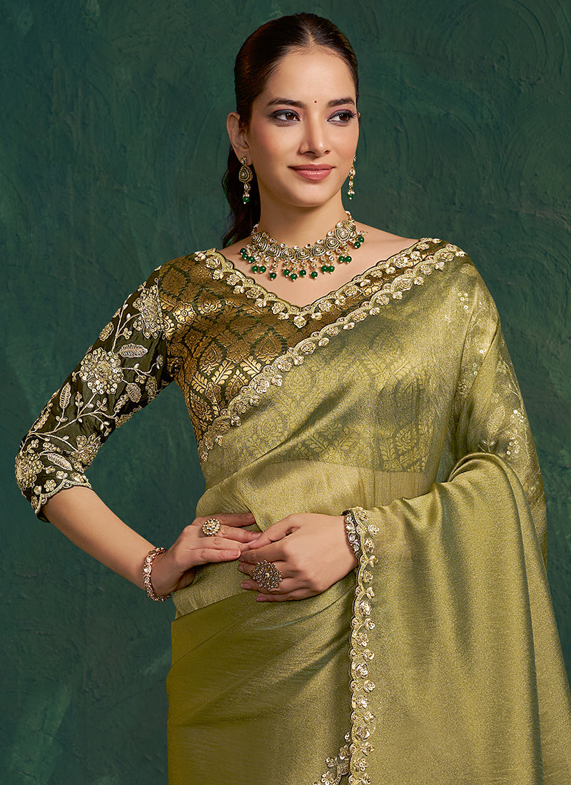 Green Silk Diamond Work Wedding Wear Saree SW810965
