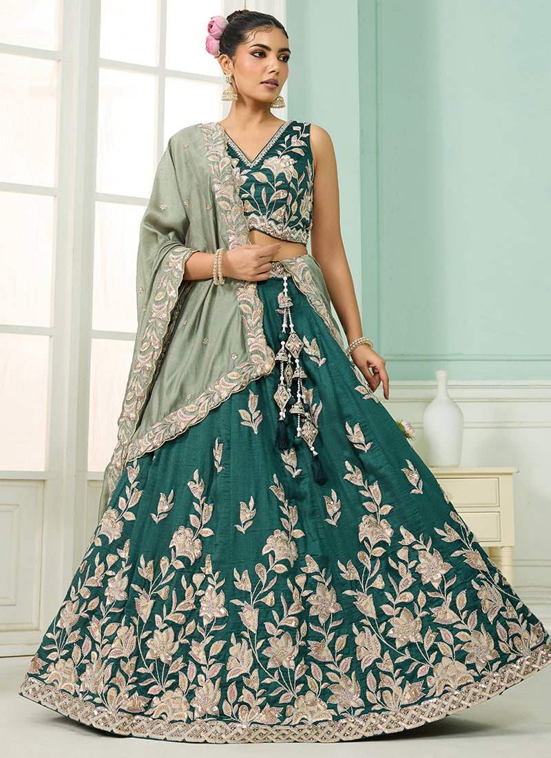 Silk Green Wedding Wear Embroidery Work Lehenga Choli 385384