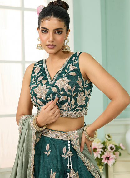 Silk Green Wedding Wear Embroidery Work Lehenga Choli 385384