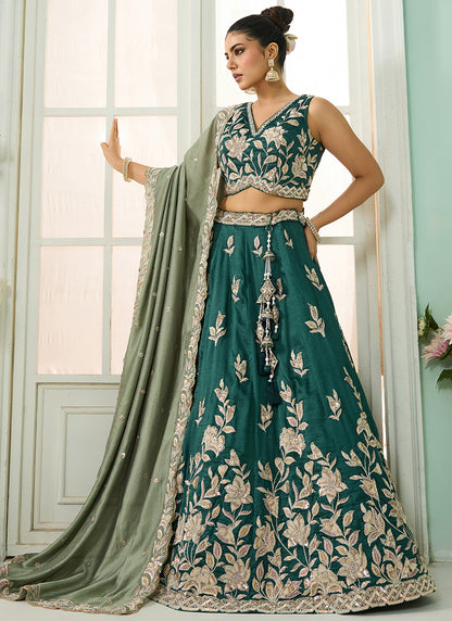 Silk Green Wedding Wear Embroidery Work Lehenga Choli 385384