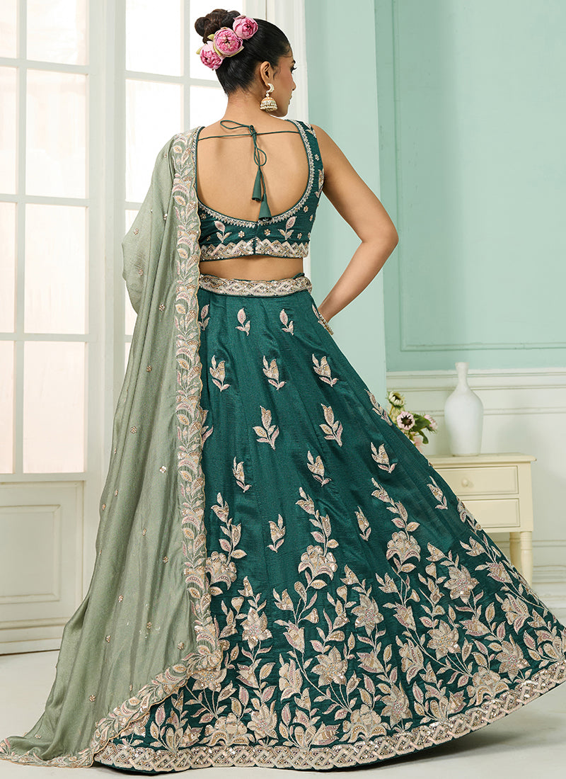 Silk Green Wedding Wear Embroidery Work Lehenga Choli 385384