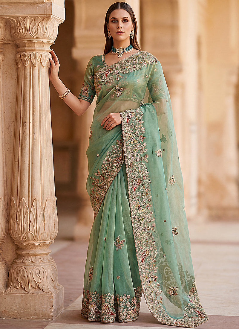 Green Silk Embroidery Work Wedding Wear Saree SW981344